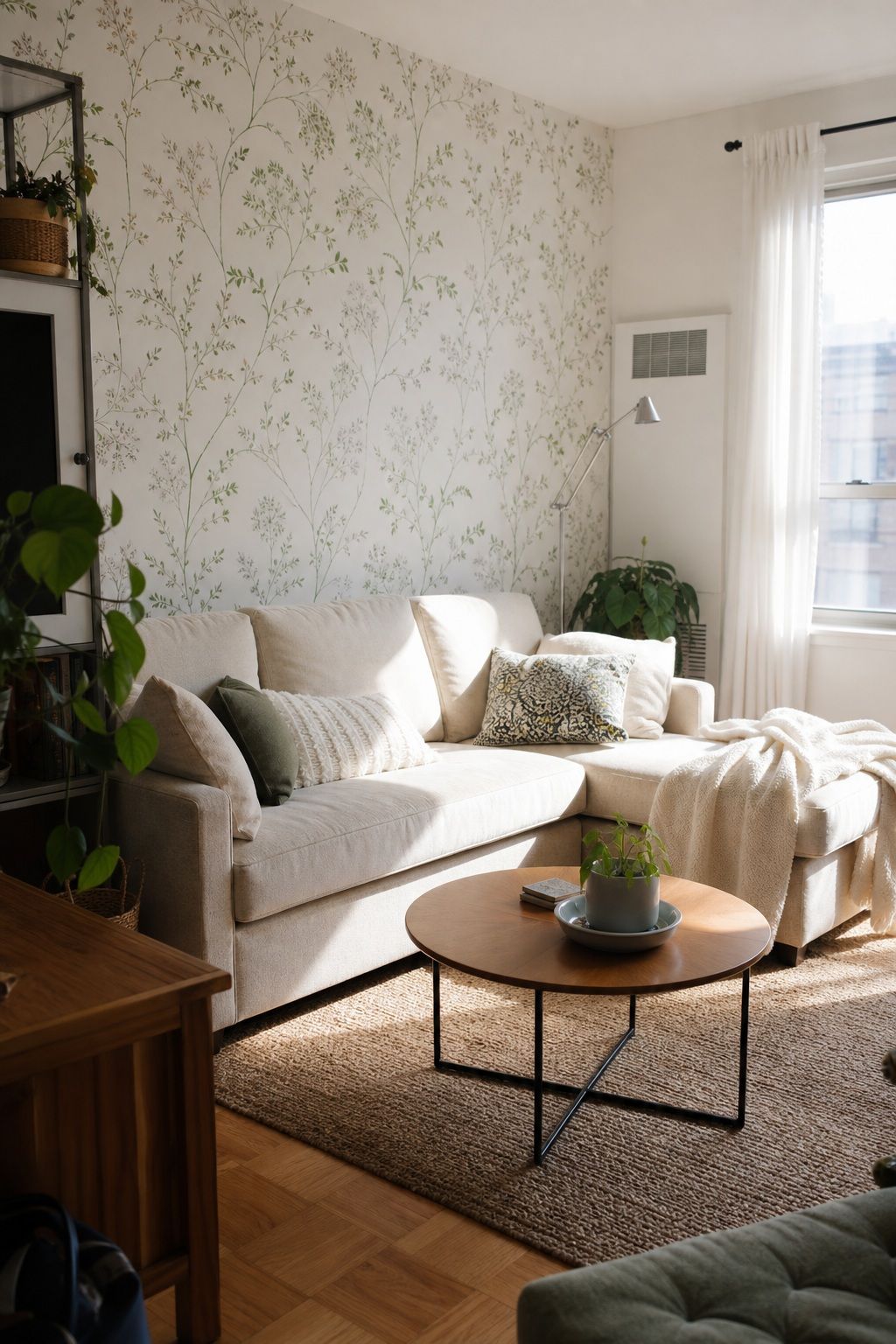 Choose a Light Botanical Print to Open the Room small apartment idea for Top 17 Small Apartment Accent Wall Ideas That Add Drama Without the Damage.
