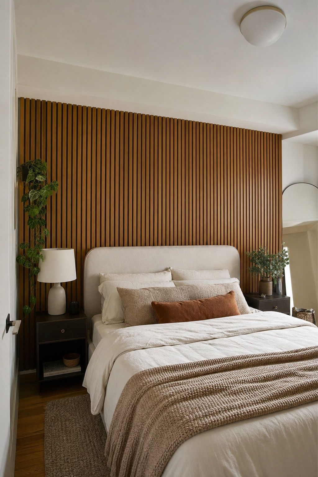 Install Vertical Wood Slat Panels Behind the Bed small apartment idea for Top 17 Small Apartment Accent Wall Ideas That Add Drama Without the Damage.