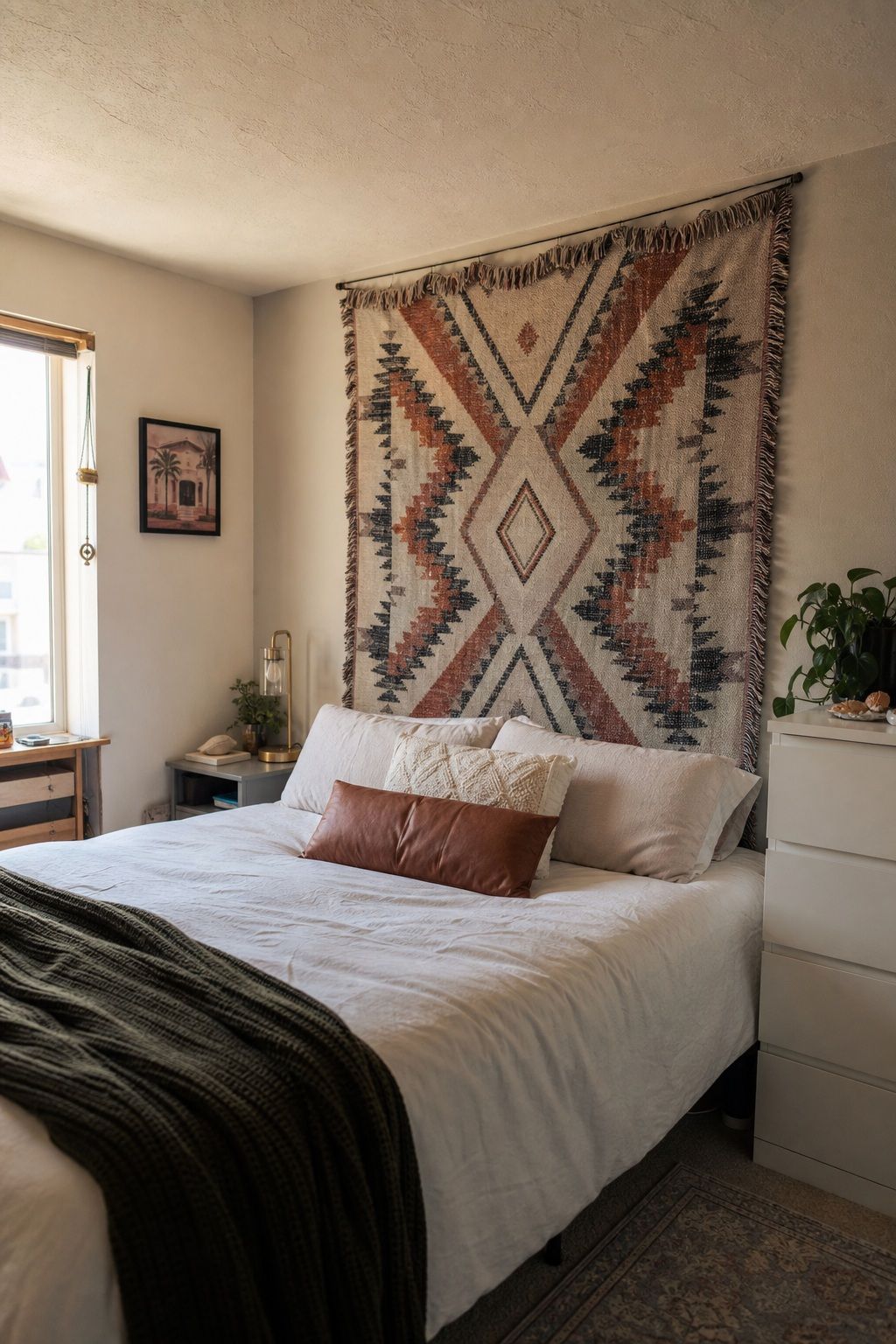 Hang a Large Wall Tapestry Above the Bed small apartment idea for Top 17 Small Apartment Accent Wall Ideas That Add Drama Without the Damage.