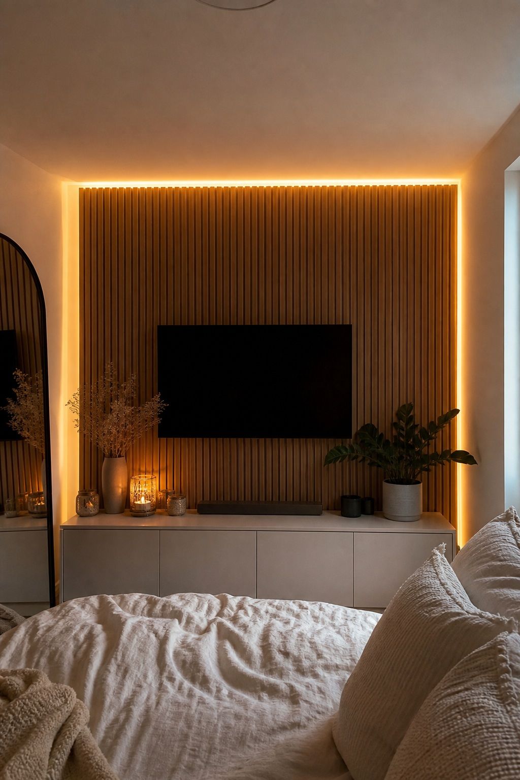 Add LED Strip Lights Behind a Wood Panel Wall small apartment idea for Top 17 Small Apartment Accent Wall Ideas That Add Drama Without the Damage.