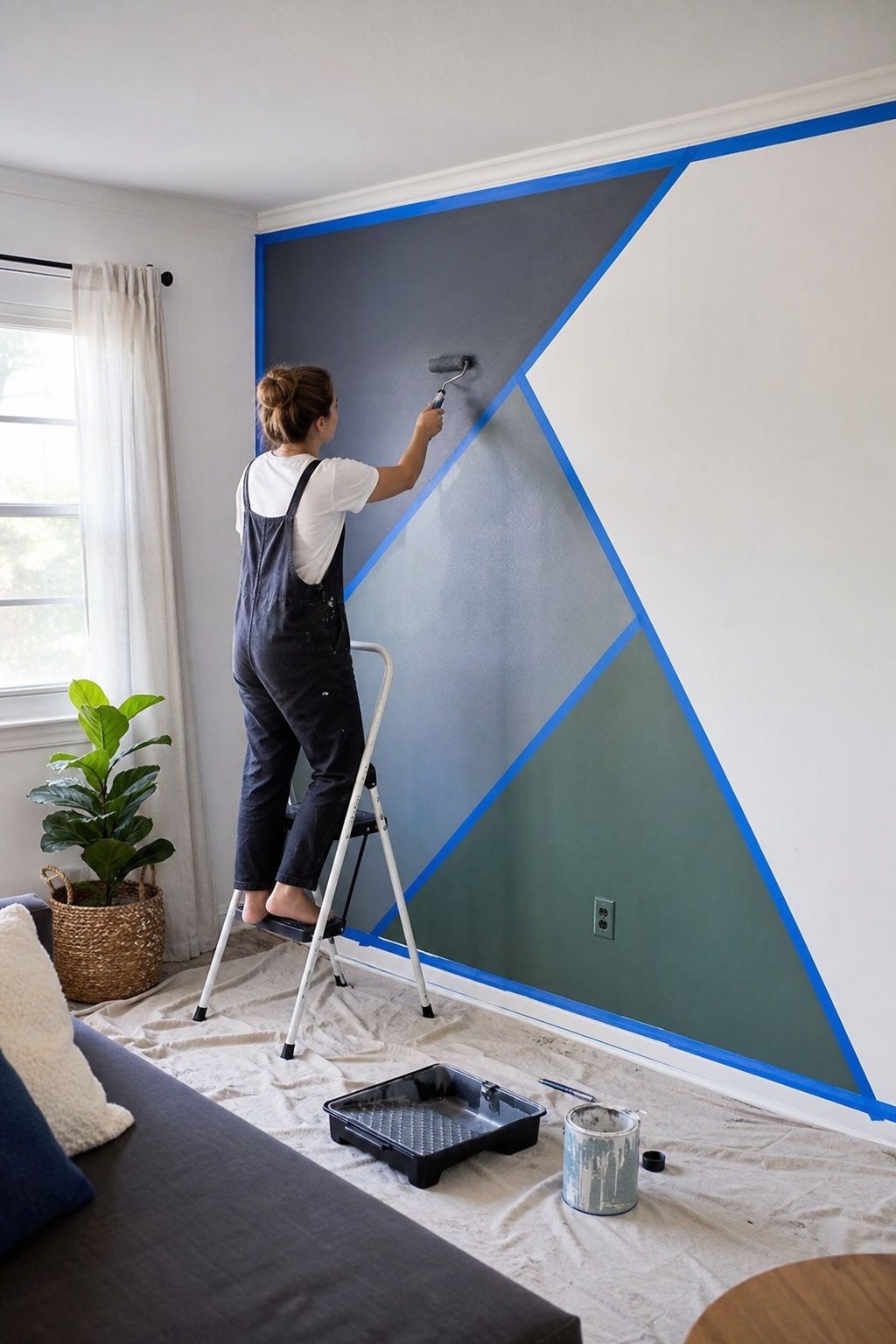 Use Painter's Tape to Create a Geometric Painted Wall (Approved Walls Only) small apartment idea for Top 17 Small Apartment Accent Wall Ideas That Add Drama Without the Damage.