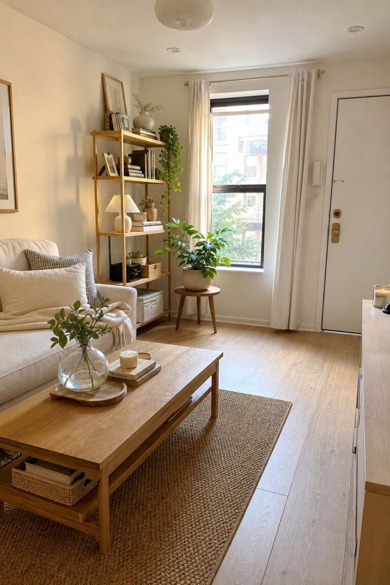 Warm White with Natural Wood small apartment idea for Top 15 Small Apartment Color Palette Ideas That Make Every Room Feel Intentional.