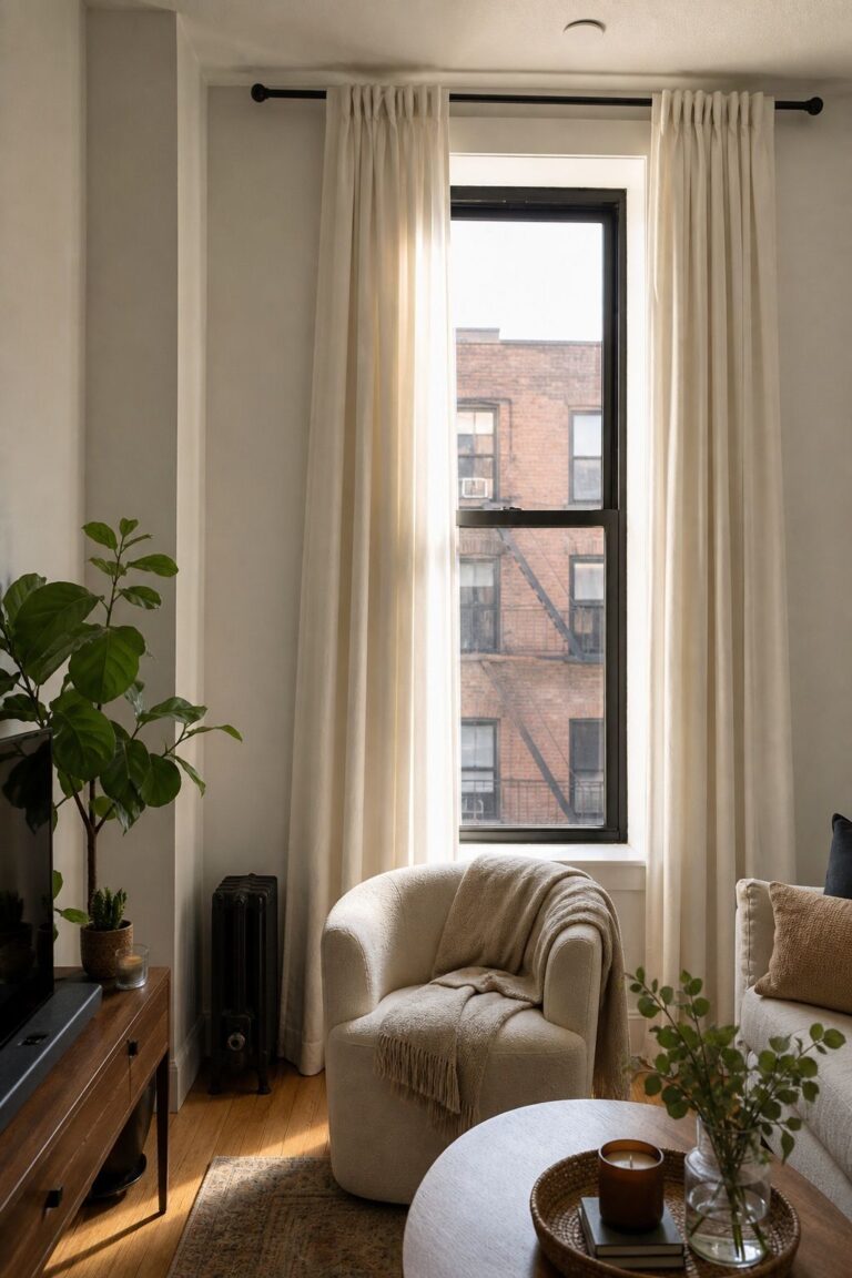 Mount the Rod High, Near the Ceiling small apartment idea for Top 16 Small Apartment Curtain Ideas That Make Any Window Look Stunning.