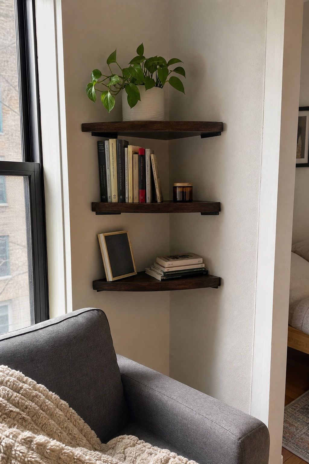 Floating Corner Shelf small apartment idea for 25 Small Apartment Essentials From Amazon That Actually Make Small Spaces Work.