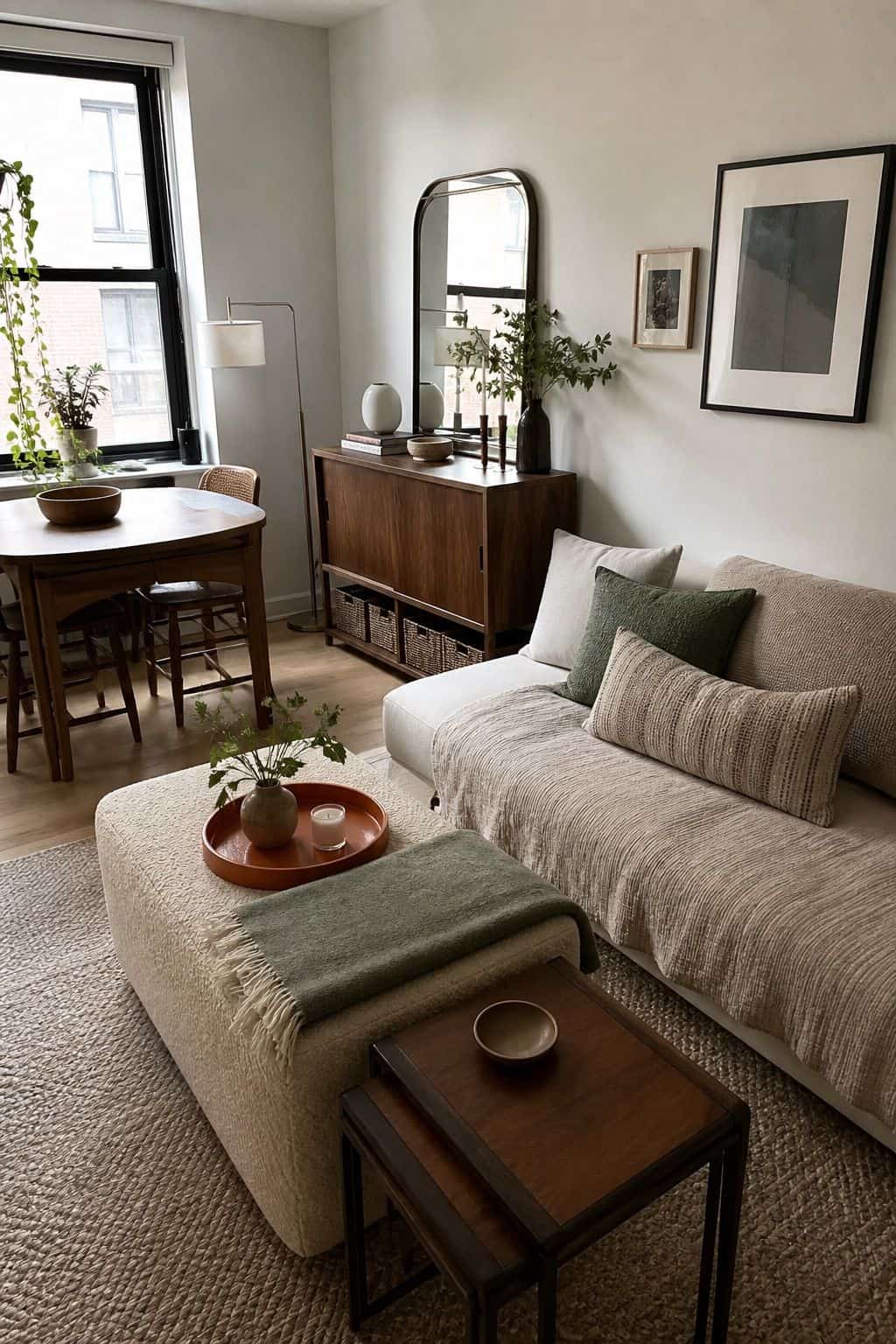 Small apartment living room with storage ottoman sofa bed and walnut nesting tables