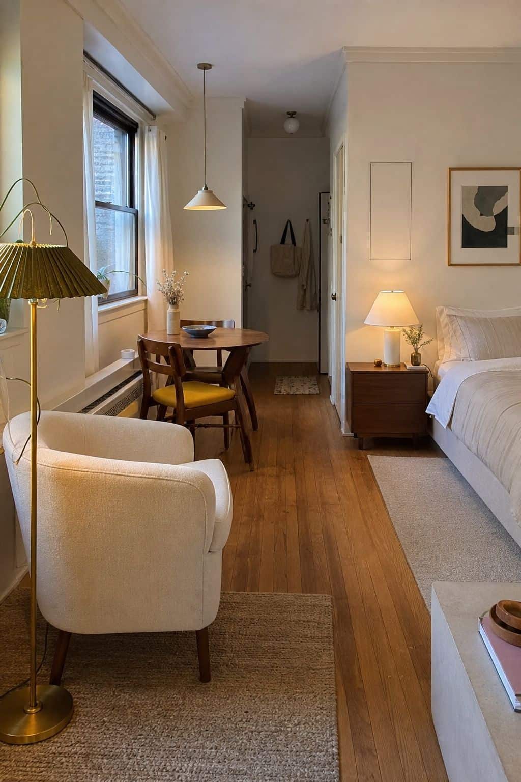 Small apartment studio with lighting used to define dining reading and bedside zones