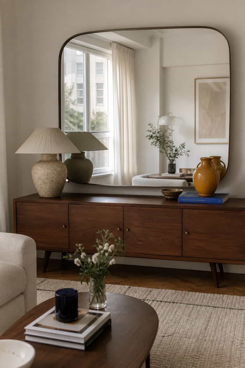 Large mirror opposite apartment window reflecting natural light above walnut console
