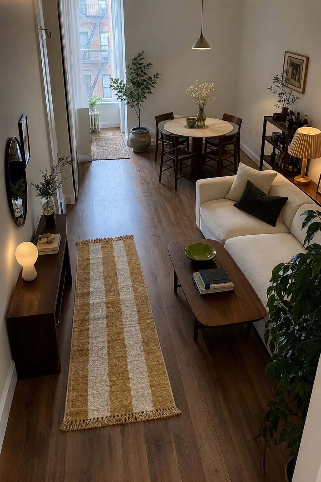 Small apartment layout with clear walking paths between living and dining zones