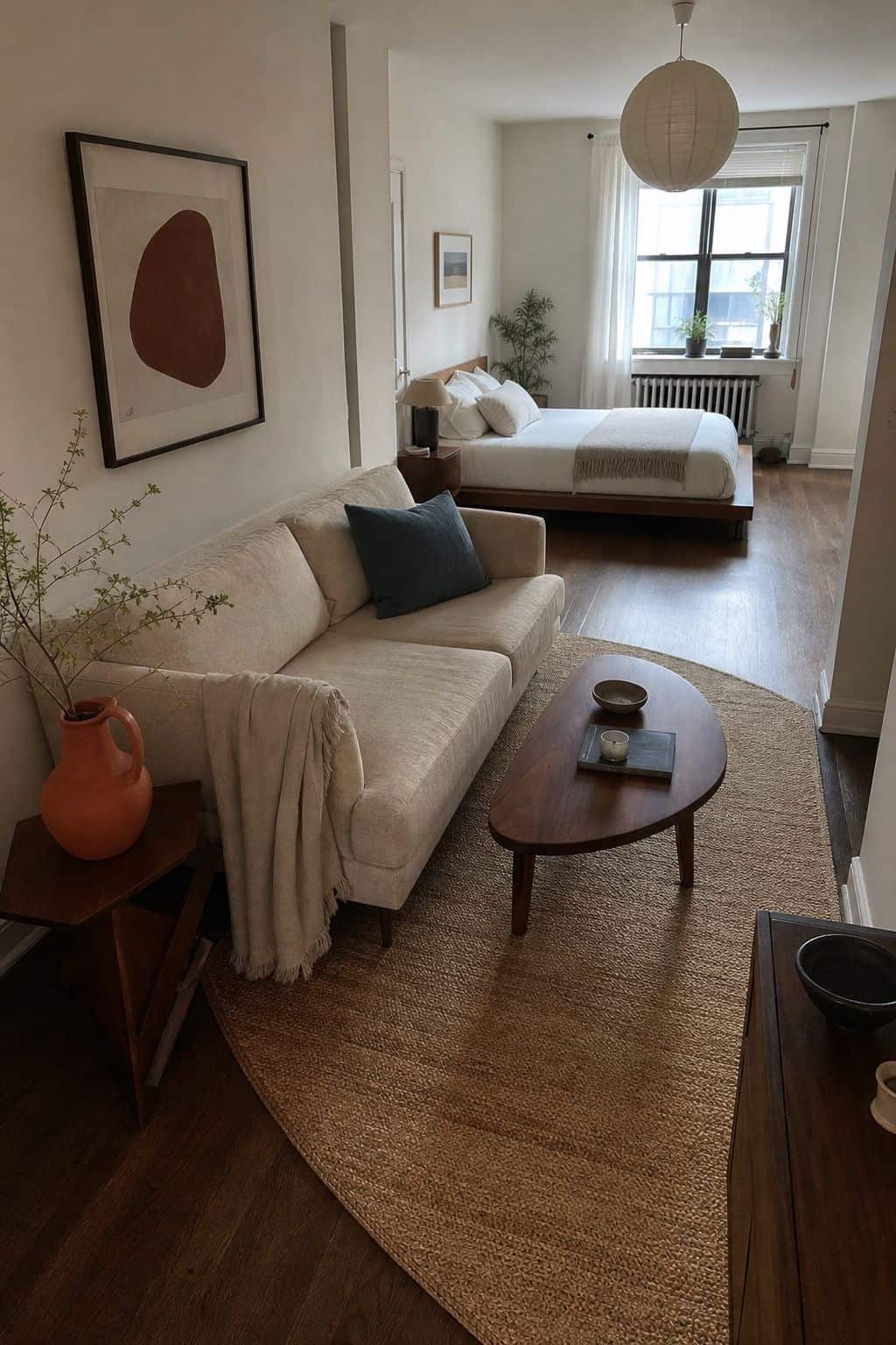 Diagonal studio apartment furniture layout with angled sofa and walnut coffee table