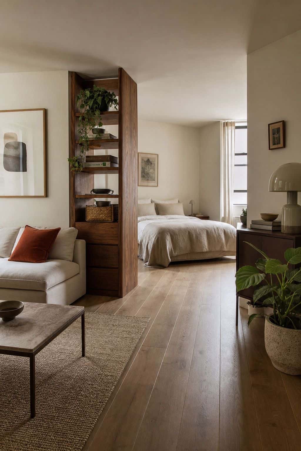 L-shaped studio apartment zoning layout with bed tucked into an alcove