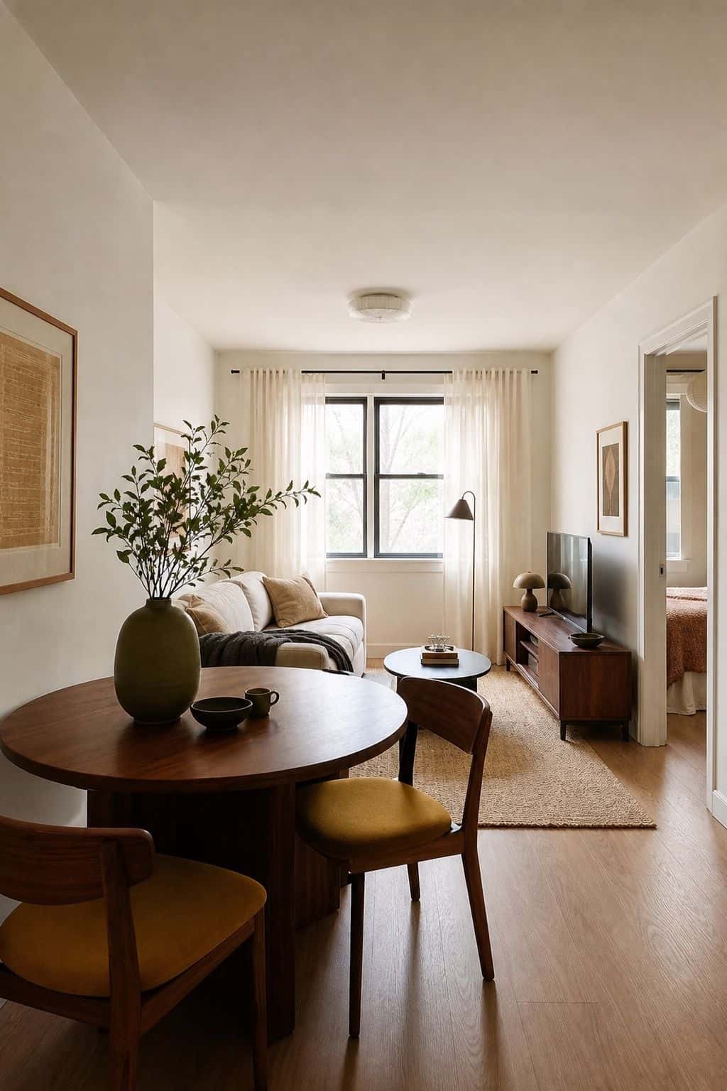 Small one-bedroom apartment living room with dining nook and walnut furniture