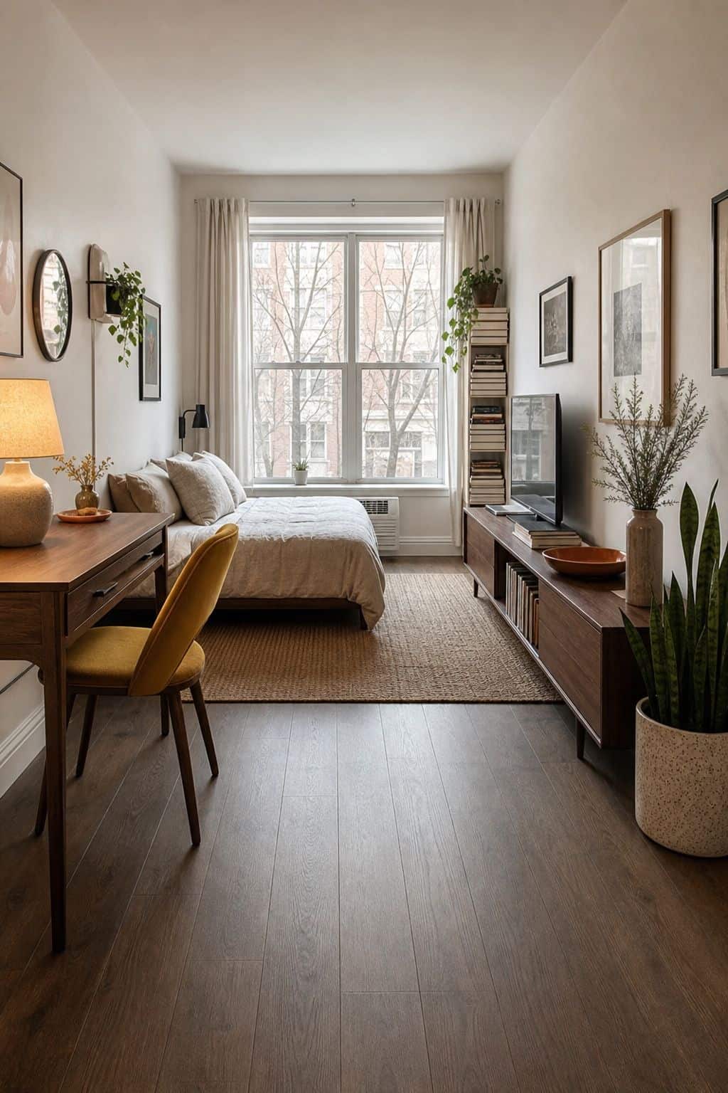 One-wall small apartment studio layout with walnut furniture and an open center walkway