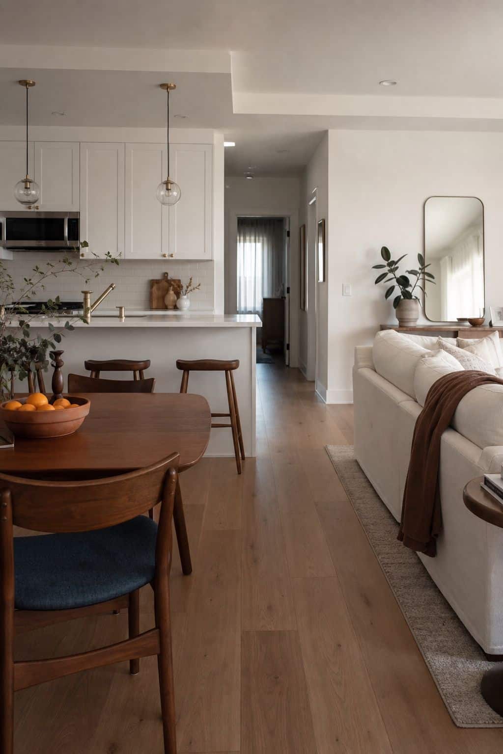 Open-concept small apartment kitchen dining and living layout with soft zones