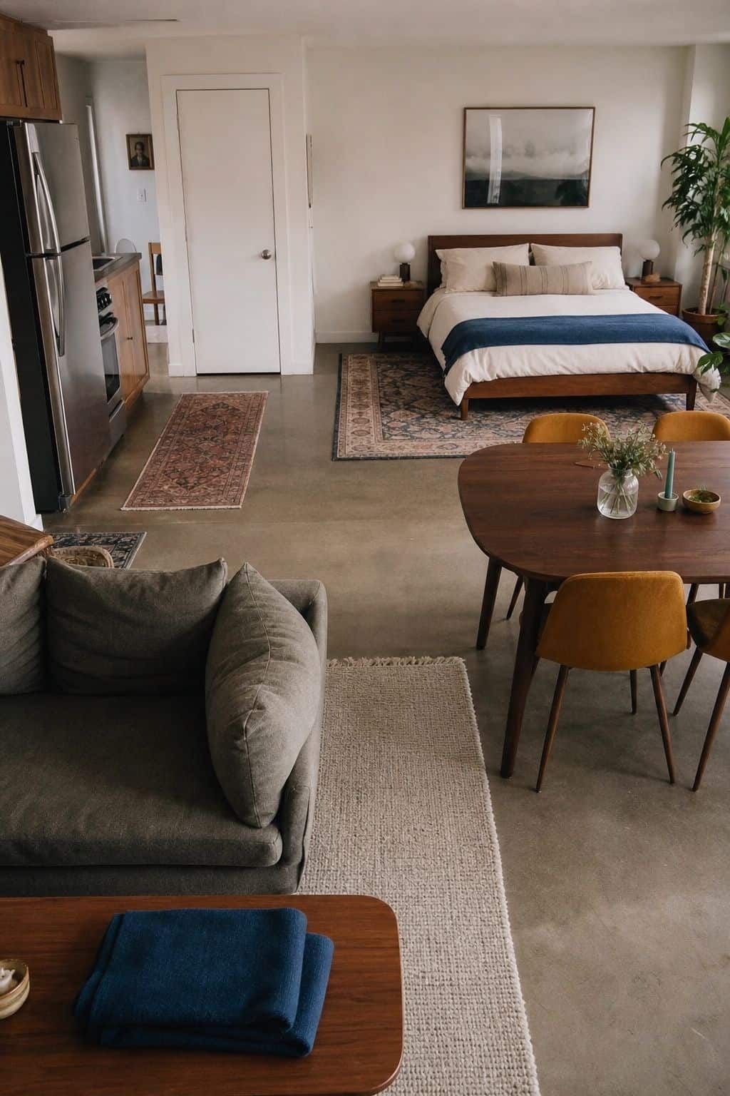 Open-plan studio apartment with rugs and furniture edges defining each zone