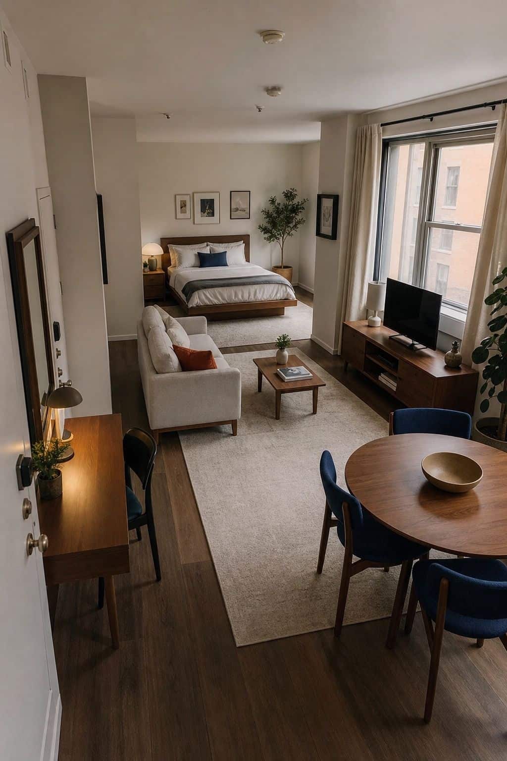 Complete studio apartment floor plan with bed living dining and work zones