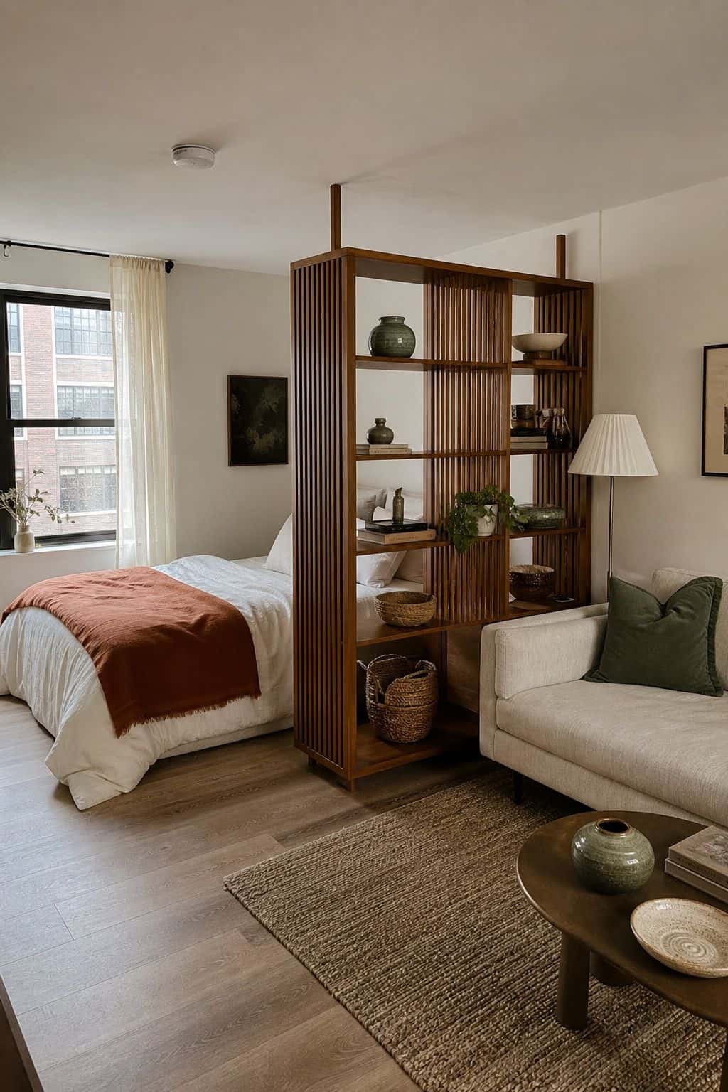 Small studio apartment with freestanding walnut room divider between bed and sofa