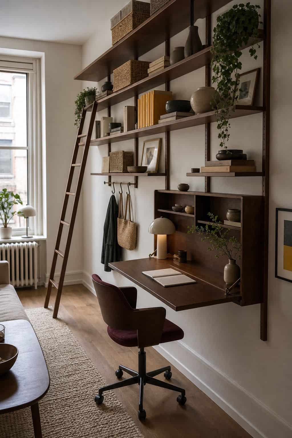 Small apartment vertical wall storage with walnut shelves and fold-down desk