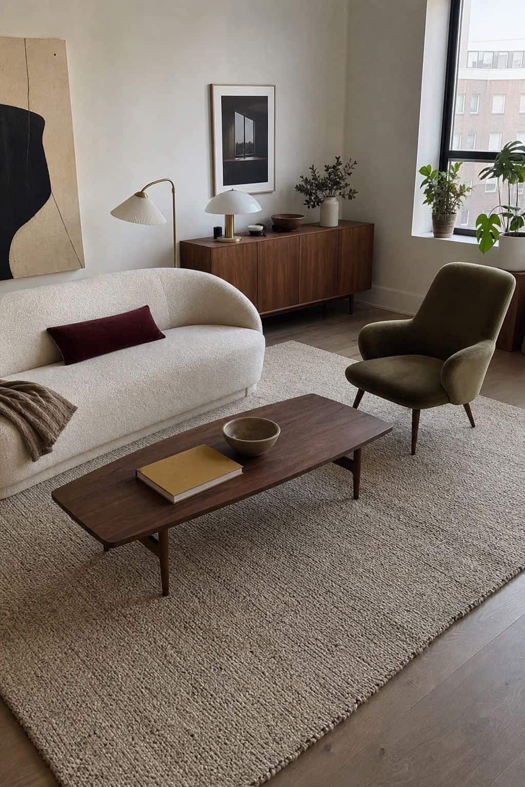 Small apartment living zone defined by a large area rug and walnut coffee table