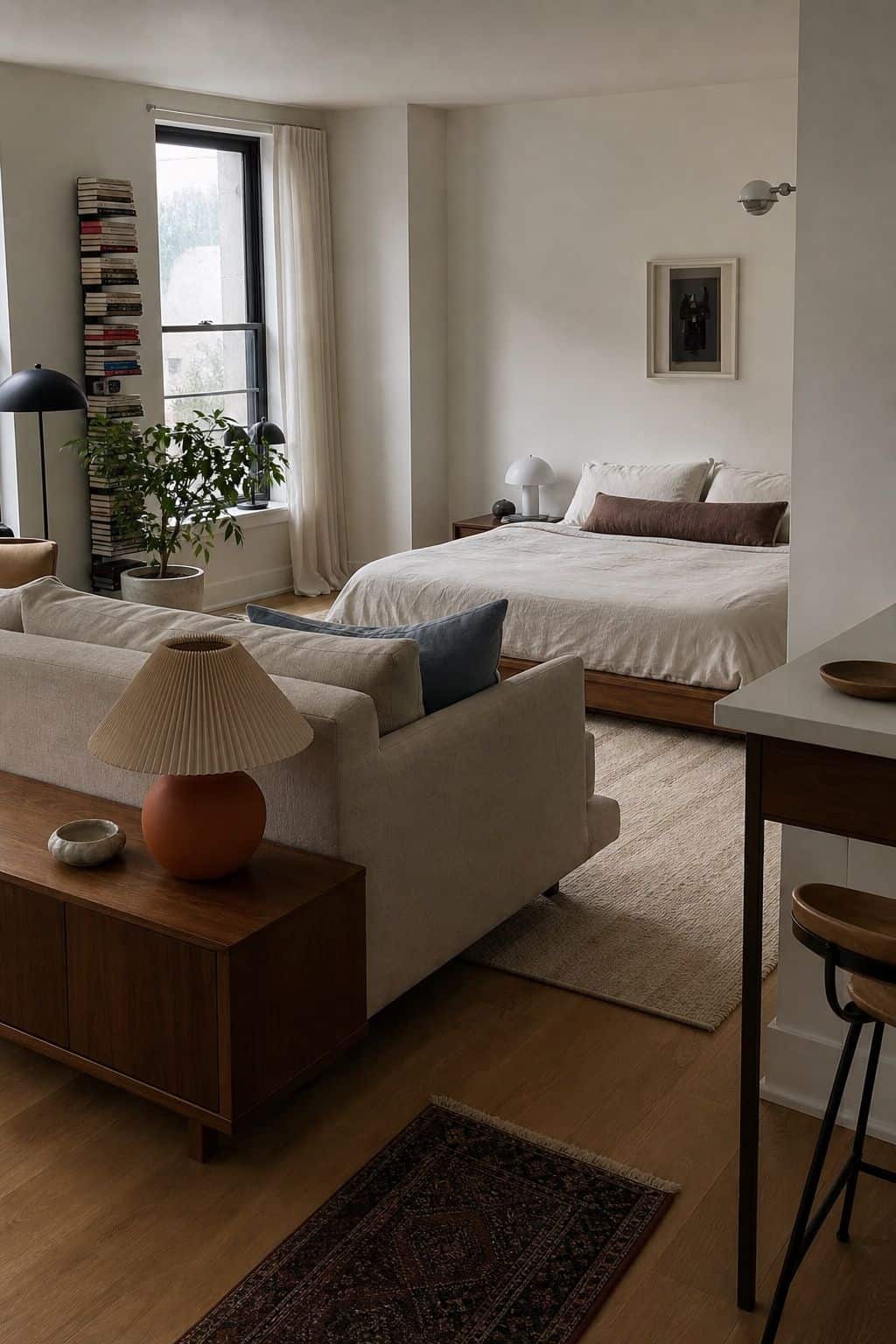 Floating sofa layout using furniture backs to divide a small studio apartment
