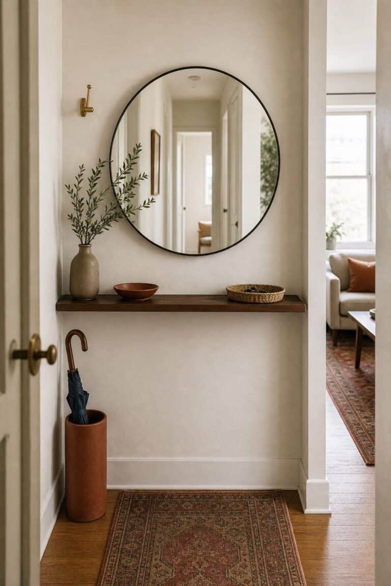 wide round mirror above a walnut ledge in a small apartment hallway