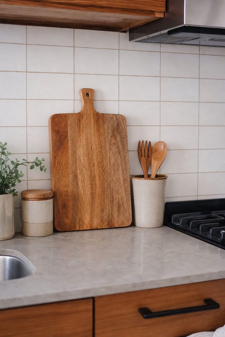 Display a Wooden Cutting Board Leaning Against the Backsplash small apartment idea for Top 15 Small Apartment Kitchen Decor Ideas That Make Tiny Counters Feel Stylish.