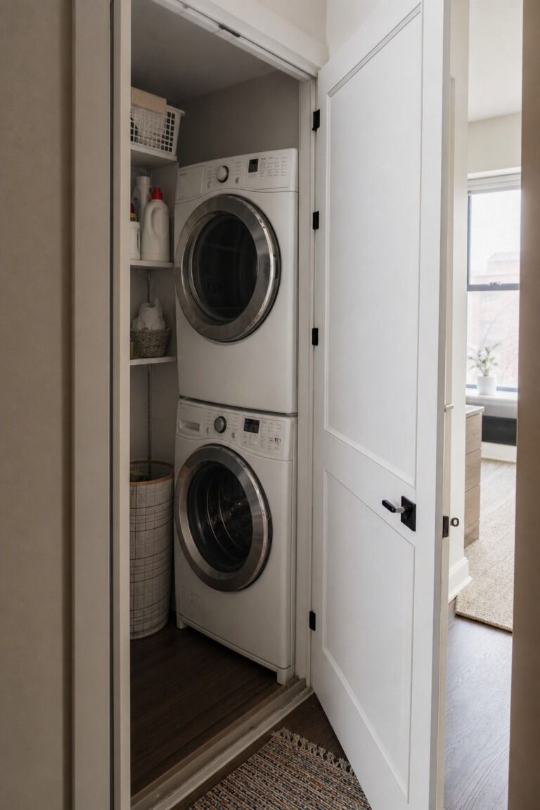 Stacked Washer and Dryer small apartment idea for Top 15 Small Apartment Laundry Room Ideas That Make Wash Day So Much Easier.