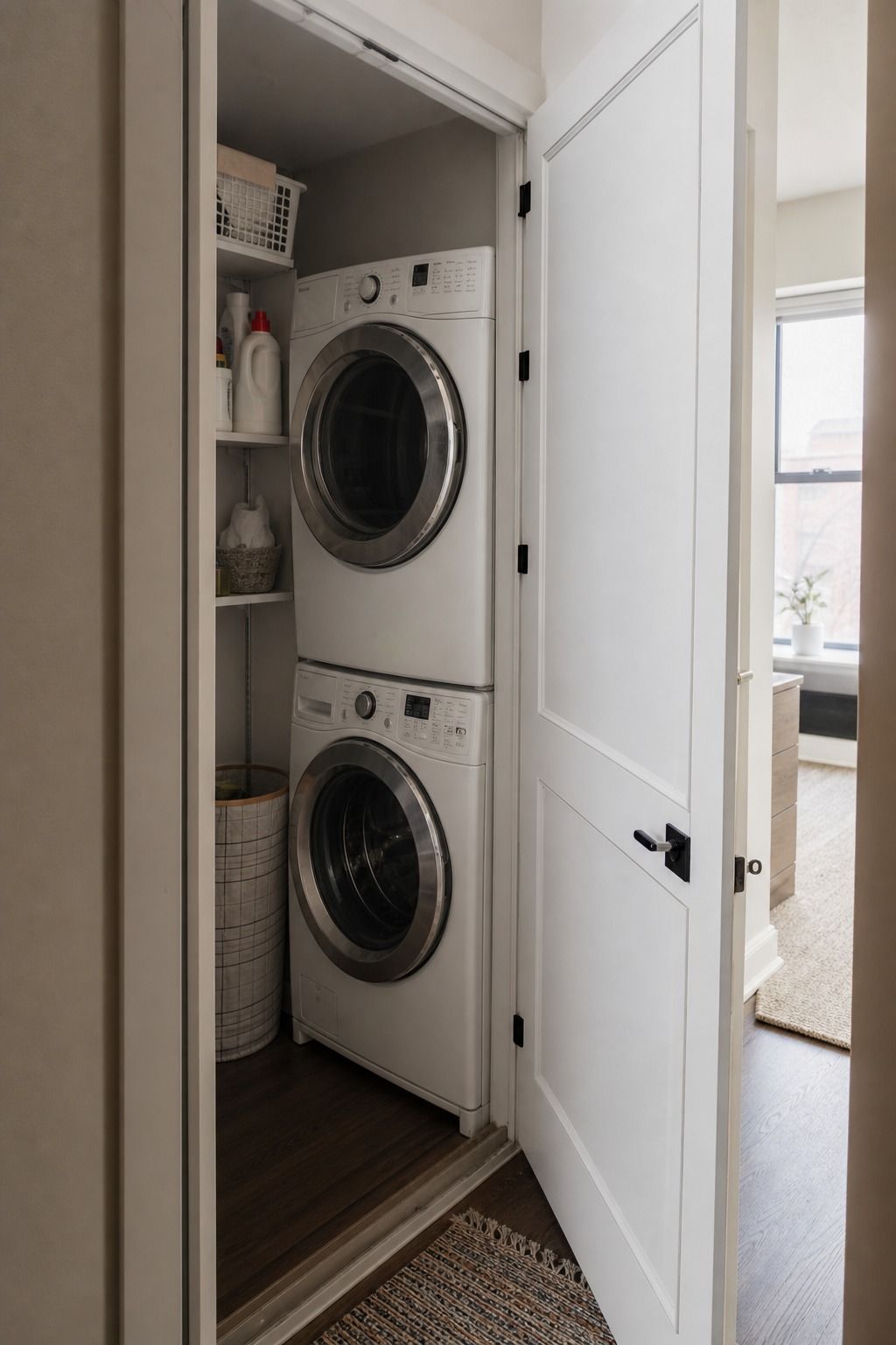 Stacked Washer and Dryer small apartment idea for Top 15 Small Apartment Laundry Room Ideas That Make Wash Day So Much Easier.