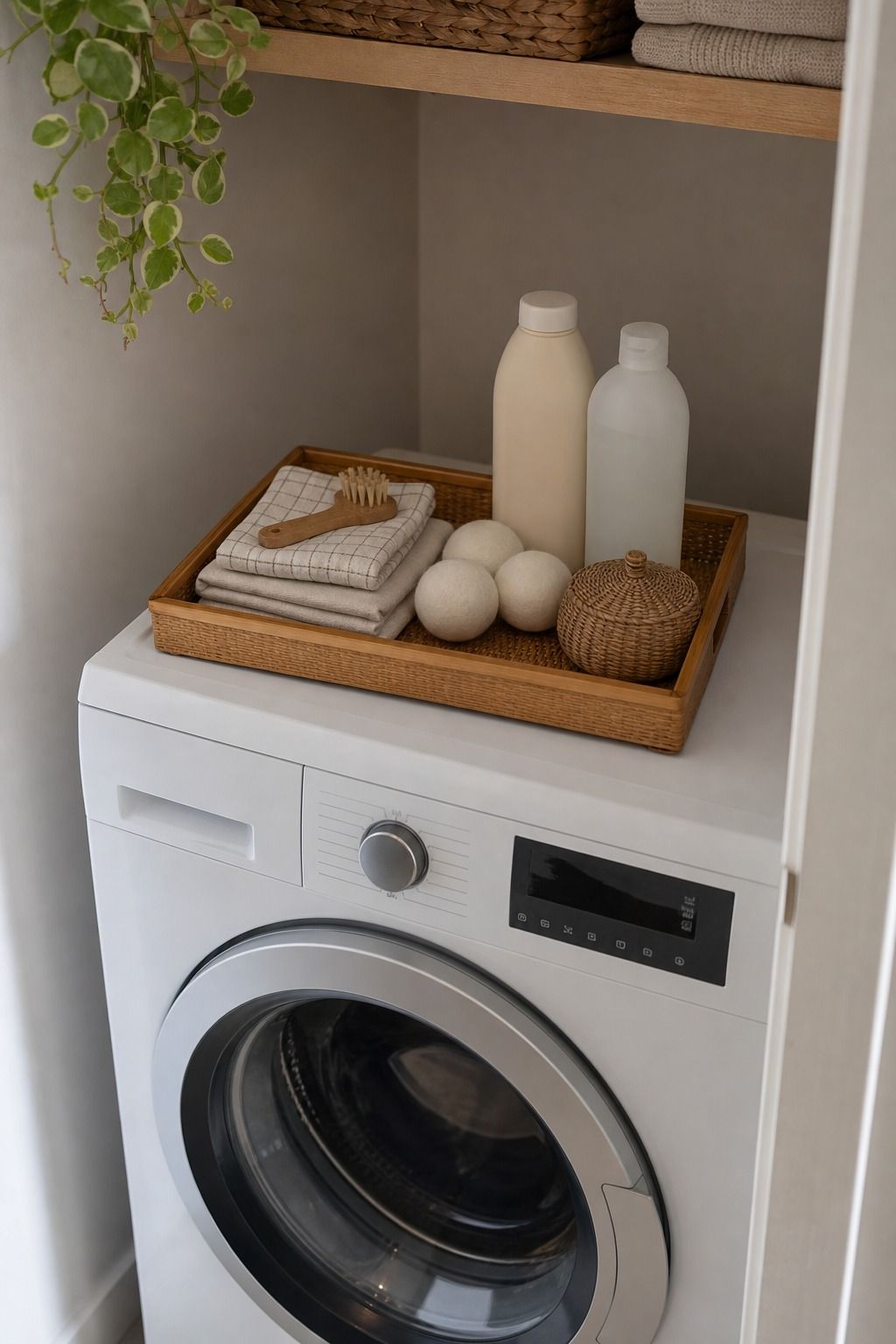 Washer Top Storage Tray small apartment idea for Top 15 Small Apartment Laundry Room Ideas That Make Wash Day So Much Easier.