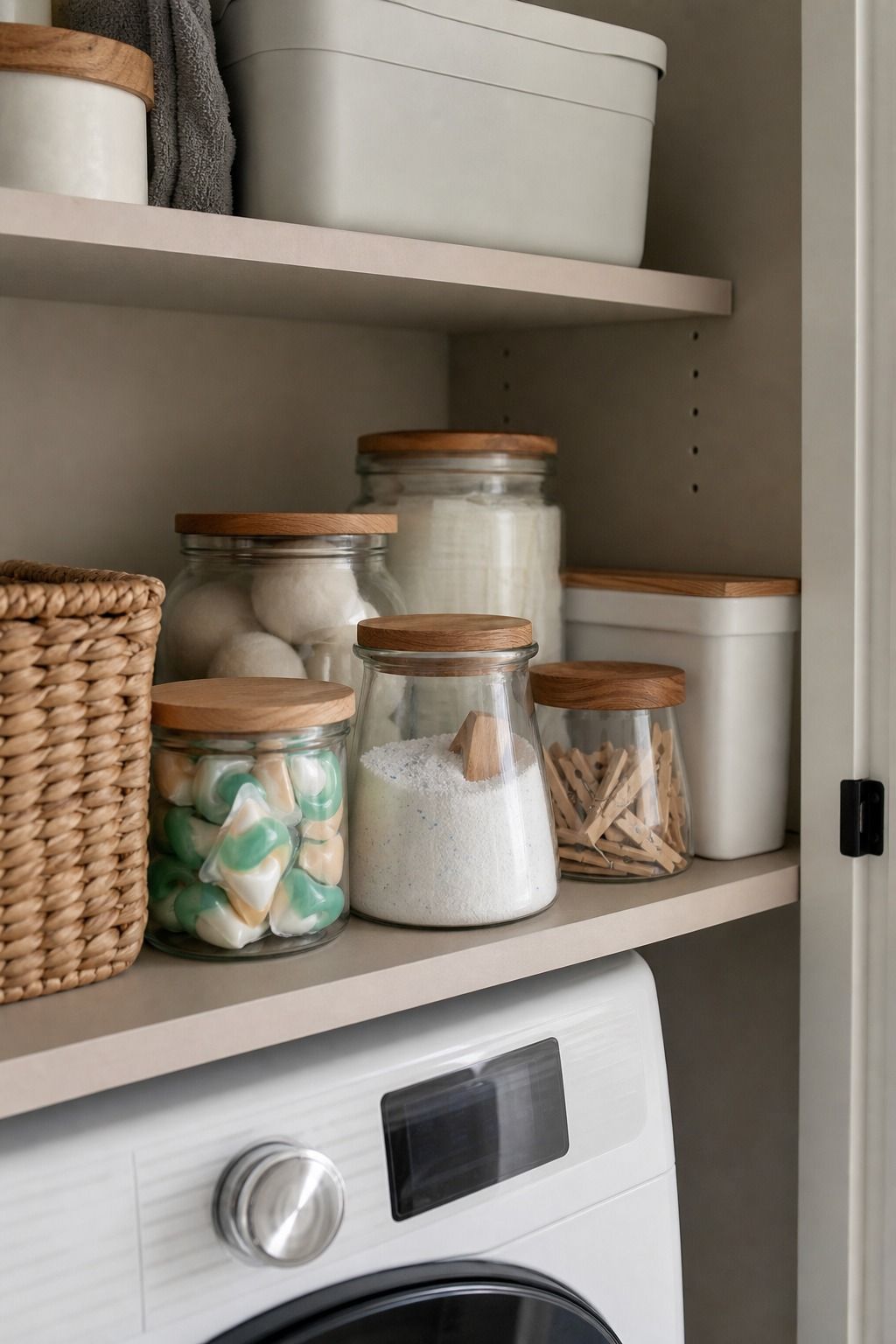 Decant Supplies into Matching Containers small apartment idea for Top 15 Small Apartment Laundry Room Ideas That Make Wash Day So Much Easier.