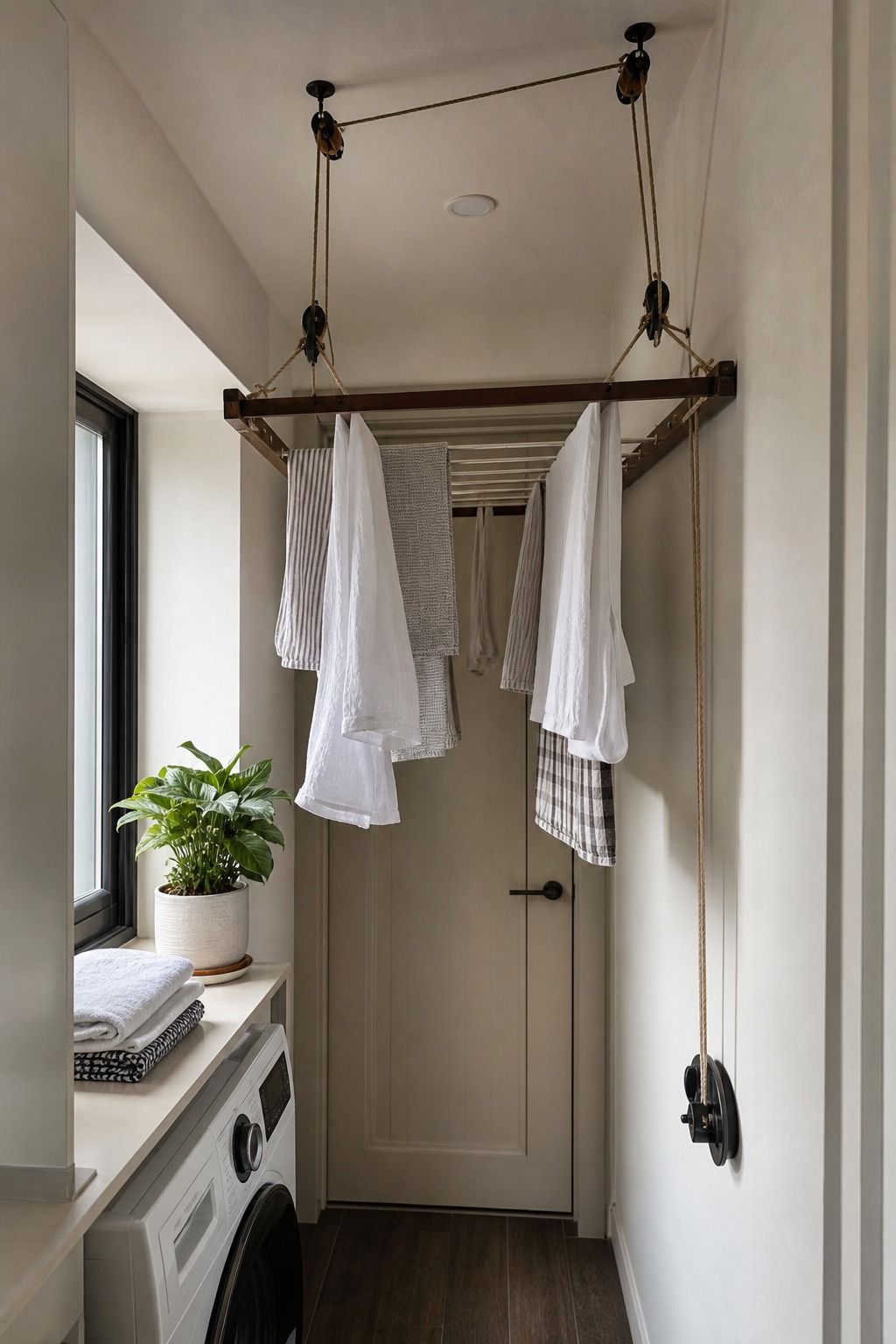 Ceiling-Mounted Pulley Drying Rack small apartment idea for Top 15 Small Apartment Laundry Room Ideas That Make Wash Day So Much Easier.