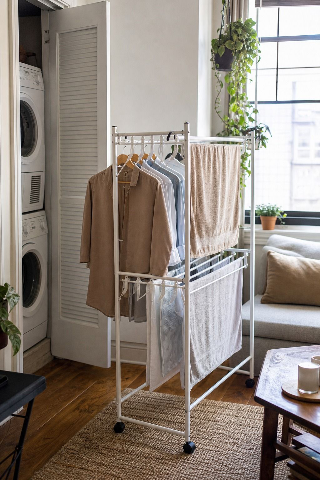 Rolling Freestanding Drying Rack small apartment idea for Top 15 Small Apartment Laundry Room Ideas That Make Wash Day So Much Easier.
