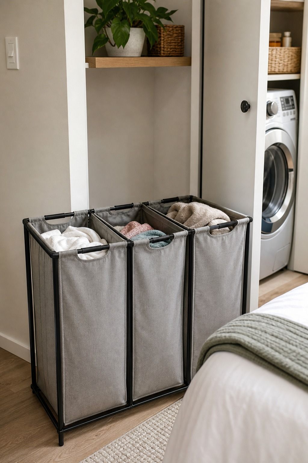 Three-Section Hamper small apartment idea for Top 15 Small Apartment Laundry Room Ideas That Make Wash Day So Much Easier.