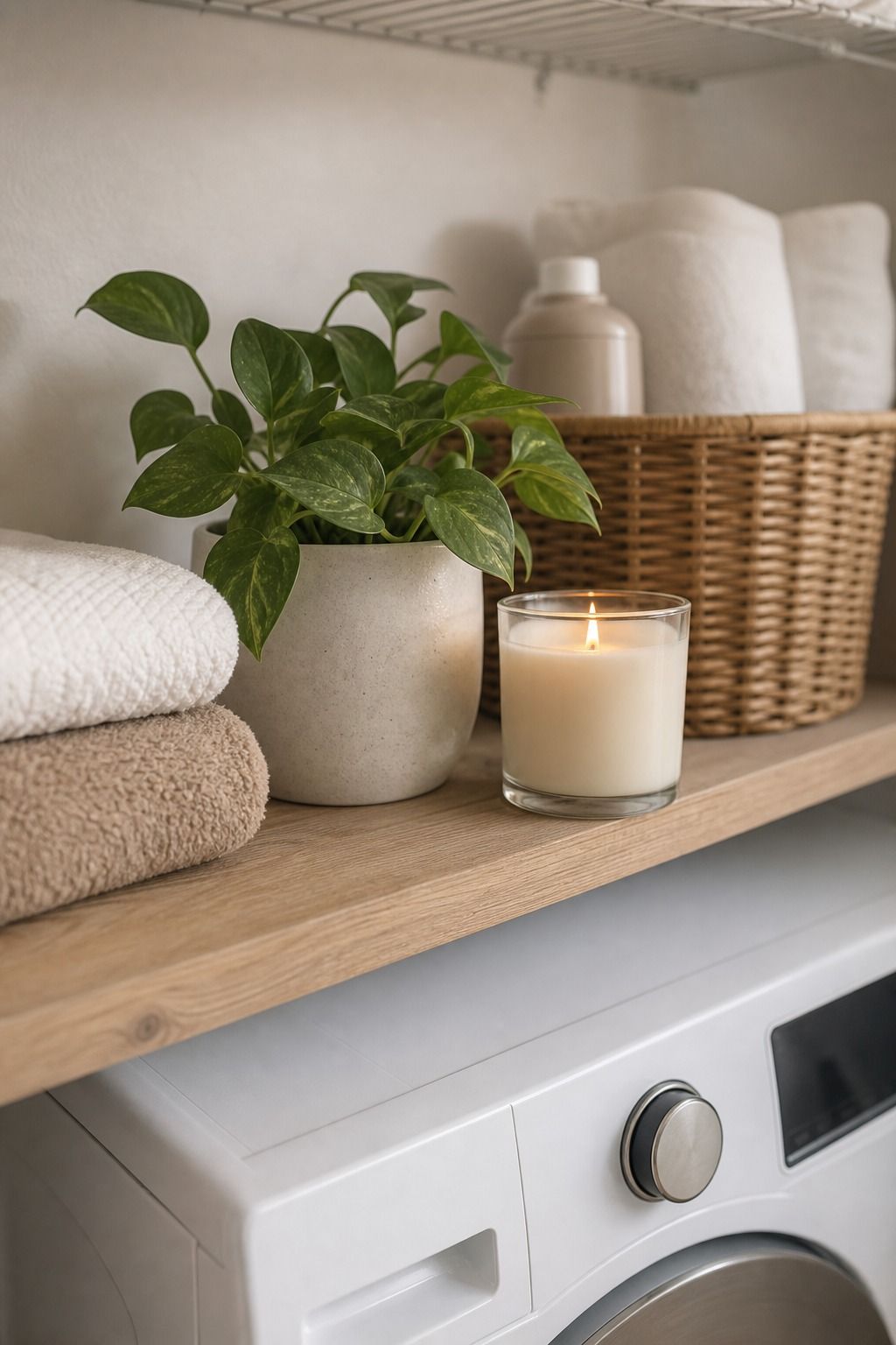 Add a Small Plant or Candle small apartment idea for Top 15 Small Apartment Laundry Room Ideas That Make Wash Day So Much Easier.