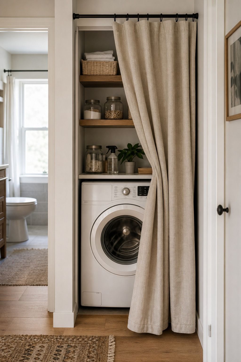 Use a Curtain to Hide a Laundry Closet small apartment idea for Top 15 Small Apartment Laundry Room Ideas That Make Wash Day So Much Easier.