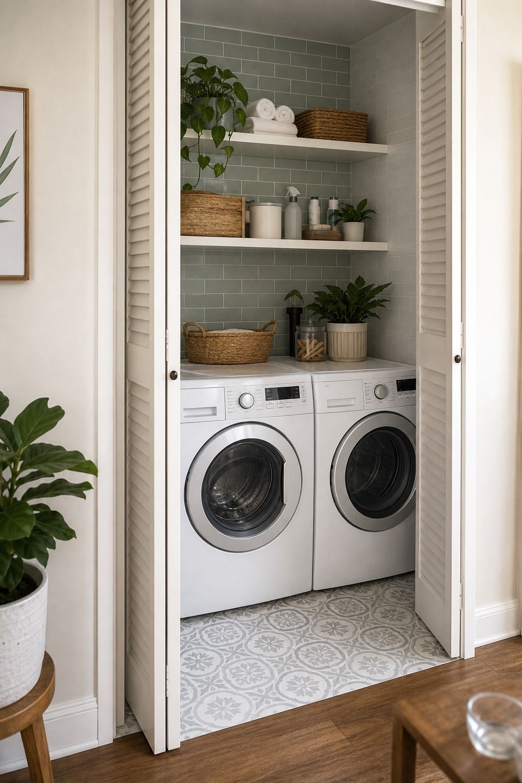 Peel-and-Stick Tile Inside the Laundry Closet small apartment idea for Top 15 Small Apartment Laundry Room Ideas That Make Wash Day So Much Easier.
