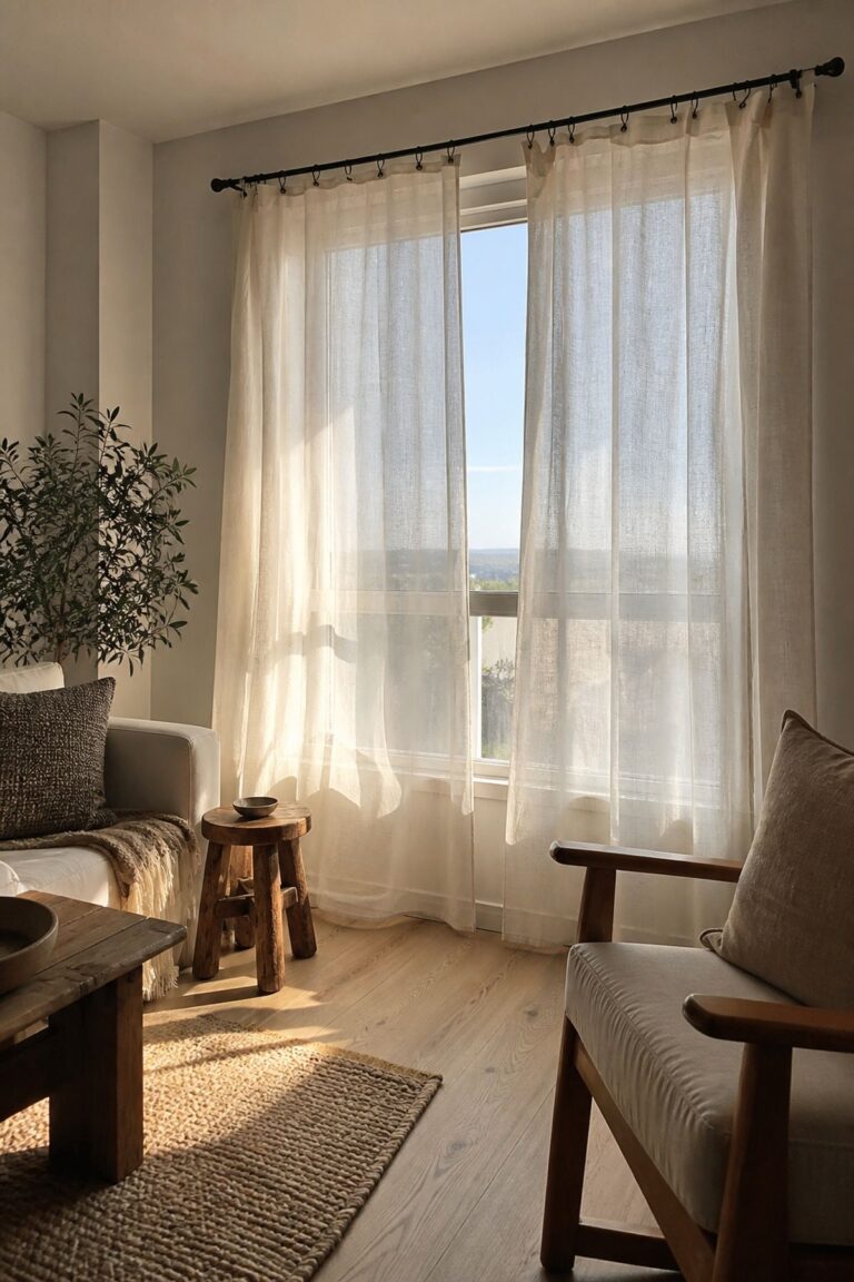 Hang Sheer Linen Curtains Instead of Blackout Panels small apartment idea for Top 17 Small Apartment Lighting Ideas to Brighten Even the Darkest Space.