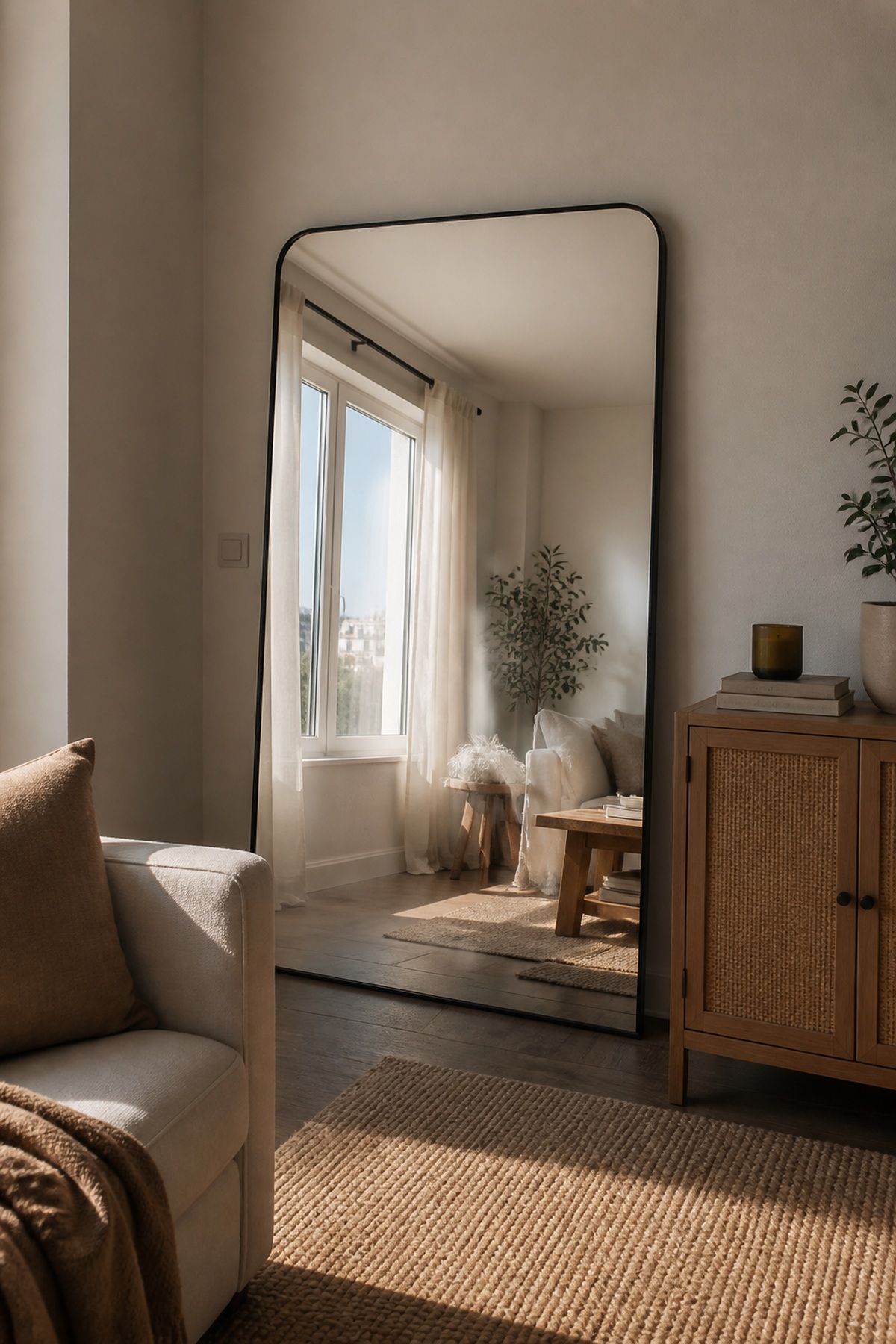 Place a Large Mirror Directly Across From Your Window small apartment idea for Top 17 Small Apartment Lighting Ideas to Brighten Even the Darkest Space.