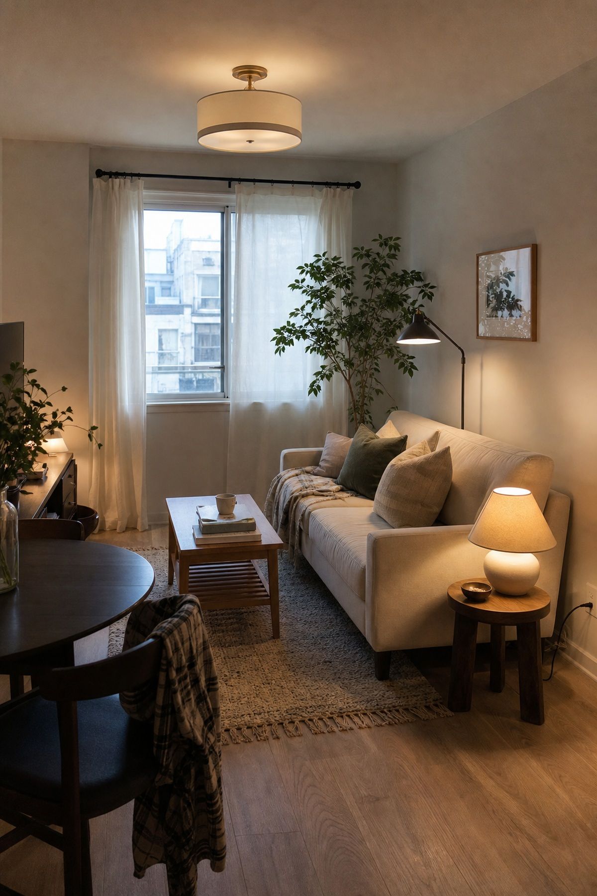 Combine an Overhead Fixture, Floor Lamp, and Table Lamp small apartment idea for Top 17 Small Apartment Lighting Ideas to Brighten Even the Darkest Space.