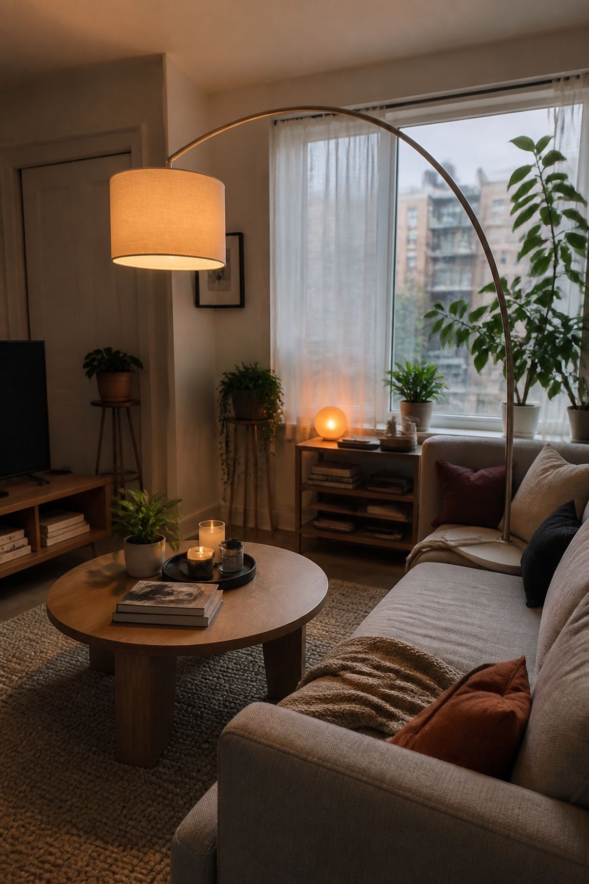 Use a Tall Arc Lamp Over the Coffee Table small apartment idea for Top 17 Small Apartment Lighting Ideas to Brighten Even the Darkest Space.