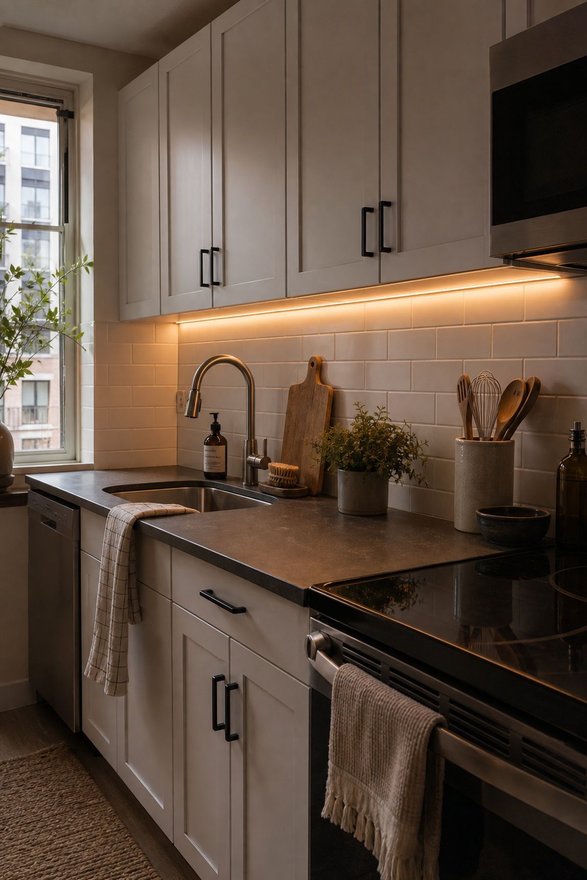 Add Warm LED Strips Under Kitchen Cabinets small apartment idea for Top 17 Small Apartment Lighting Ideas to Brighten Even the Darkest Space.