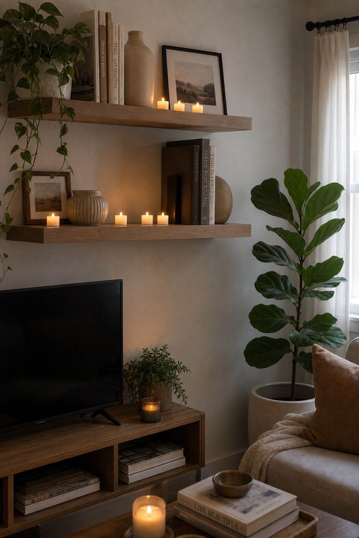 Cluster Battery Tea Lights on Floating Shelves small apartment idea for Top 17 Small Apartment Lighting Ideas to Brighten Even the Darkest Space.