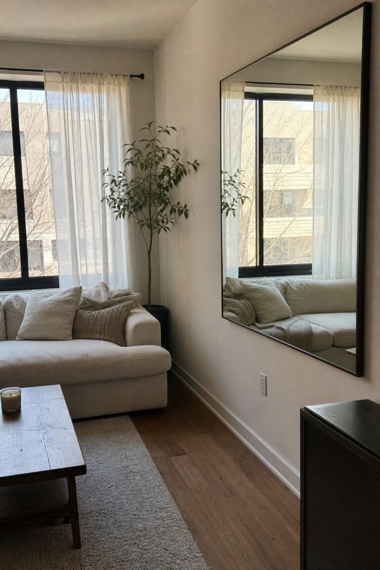 Place a Large Mirror Opposite the Main Window small apartment idea for Top 16 Small Apartment Mirror Ideas That Open Up Any Space.