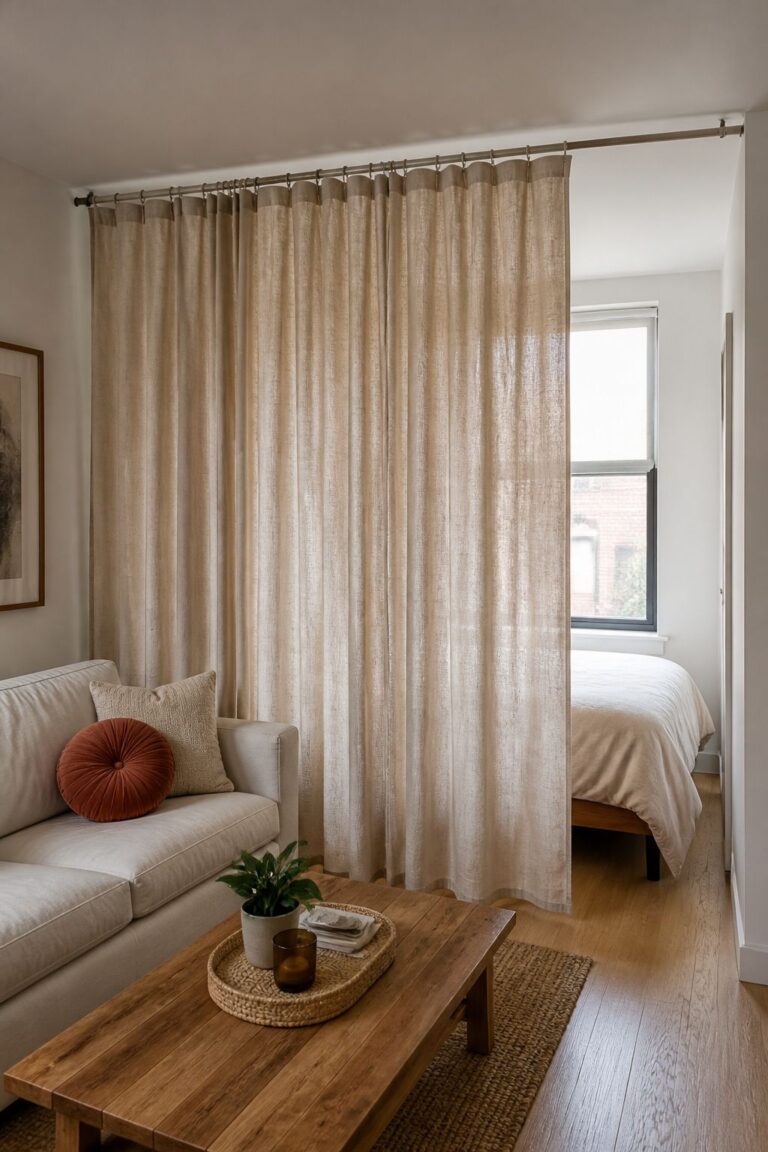 Hang Floor-to-Ceiling Linen Curtains on a Tension Rod small apartment idea for Top 17 Small Apartment Room Divider Ideas That Actually Work in Tight Spaces.