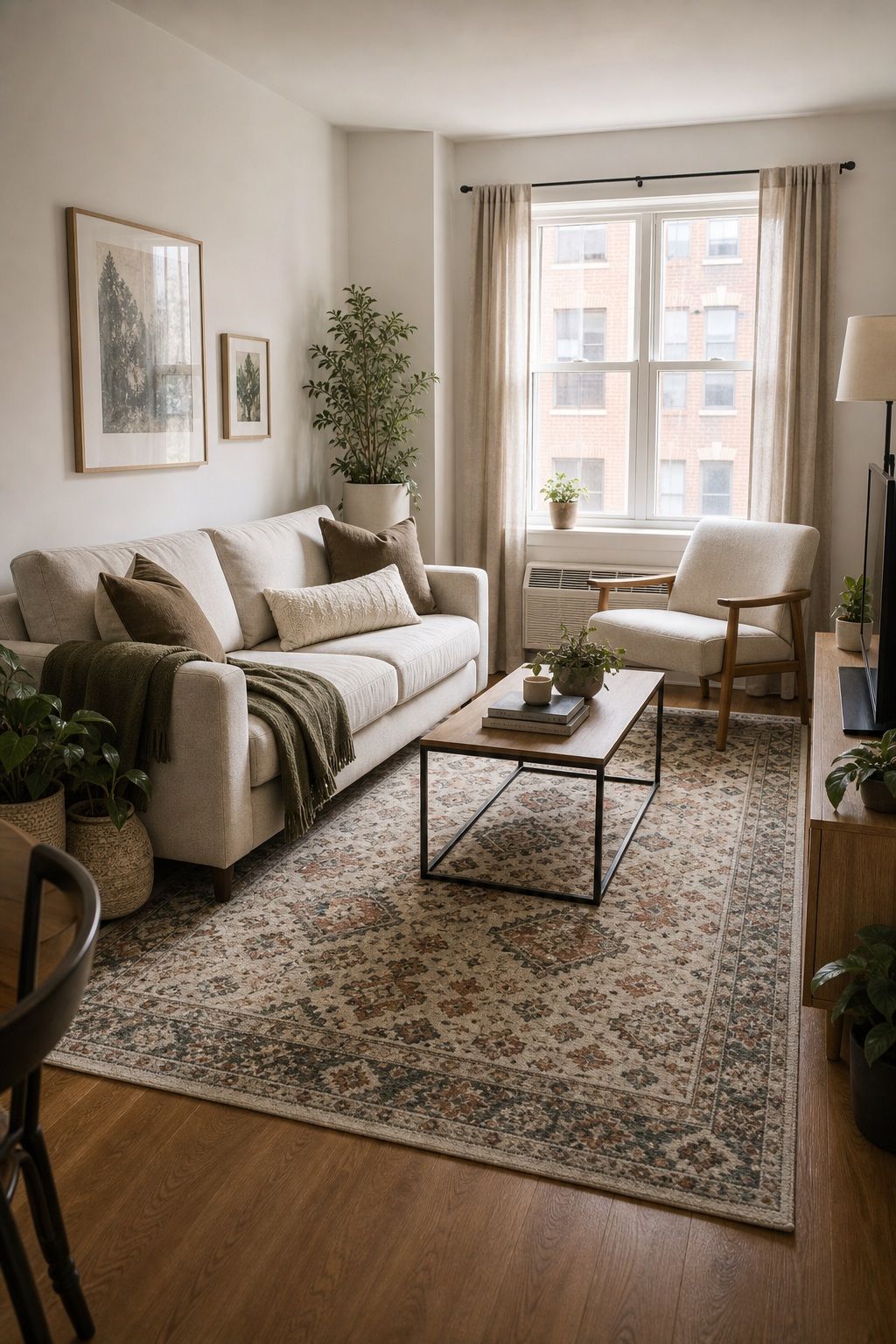 Use a Patterned Rug to Add Interest to a Neutral Room small apartment rug idea for Top 17 Small Apartment Rug Ideas That Define Your Space Without Overwhelming It.