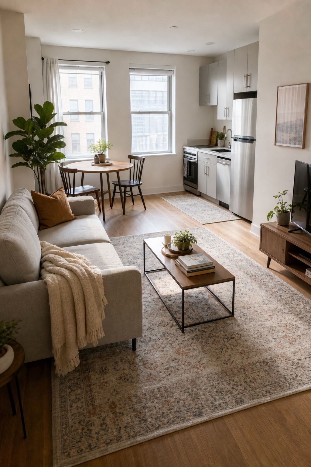 Use a Rug to Define Zones in an Open-Plan Layout small apartment rug idea for Top 17 Small Apartment Rug Ideas That Define Your Space Without Overwhelming It.