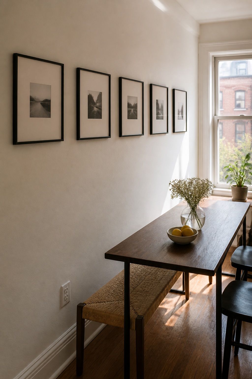 Linear Row of Frames small apartment idea for Top 15 Small Apartment Wall Art Ideas That Make Every Room Look Finished.