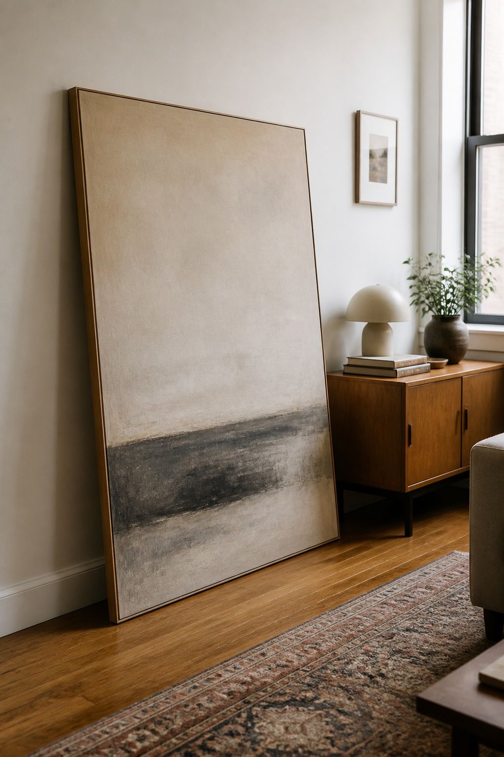 Large Canvas Leaning Against the Wall small apartment idea for Top 15 Small Apartment Wall Art Ideas That Make Every Room Look Finished.