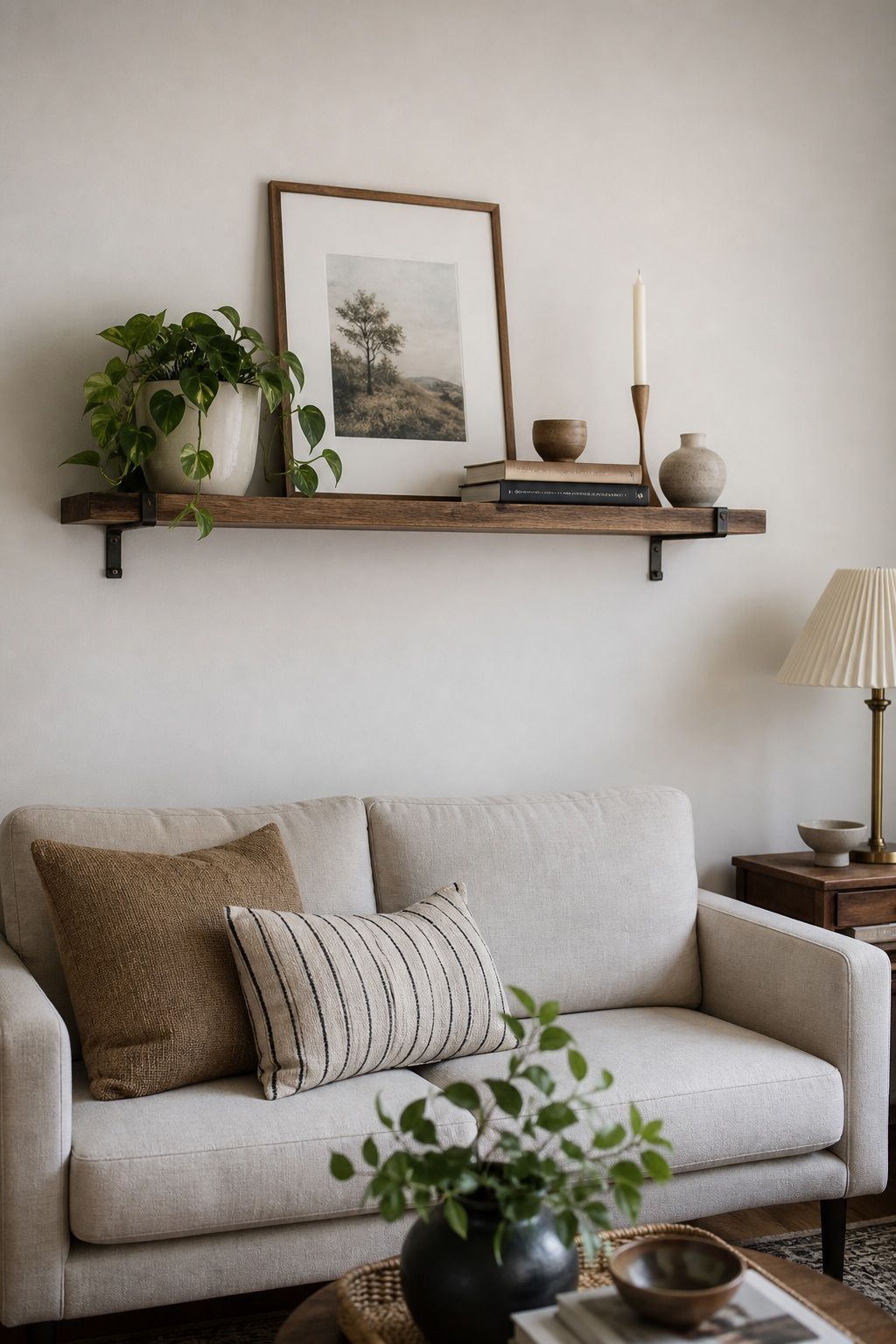Shelf as Wall Art Anchor small apartment idea for Top 15 Small Apartment Wall Art Ideas That Make Every Room Look Finished.