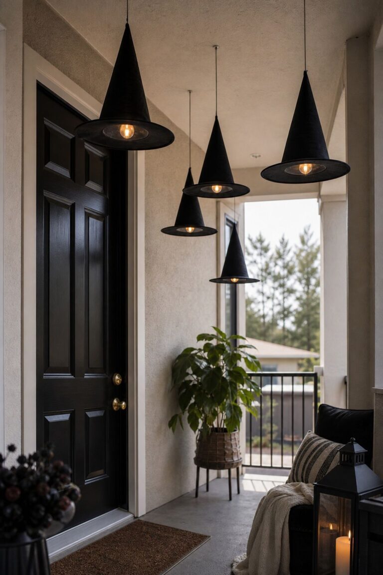 Hang Floating Witch Hats With LED Tea Lights small apartment idea for Top 16 Small Porch Halloween Decor Ideas for Apartments and Small Outdoor Spaces.