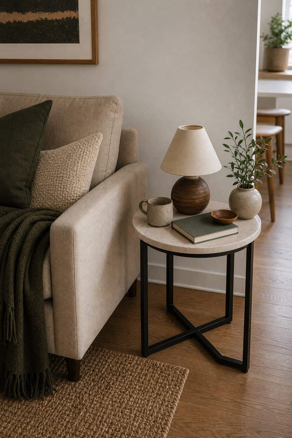 Round Side Table small apartment idea for Top 17 Sofa Corner Decor Ideas for Small Apartments.